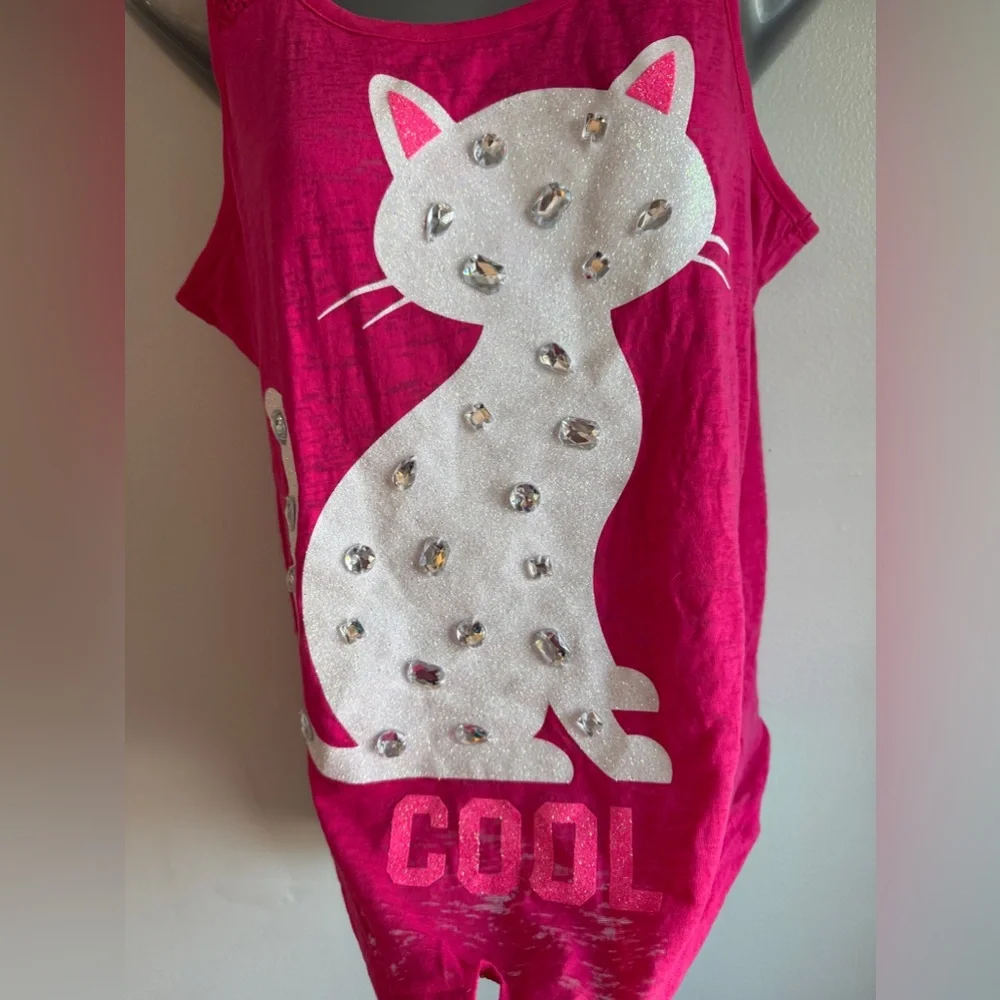 Justice Girls Hot Pink & White Cat Cool Burnout Tank Top Sparkles SKU0805